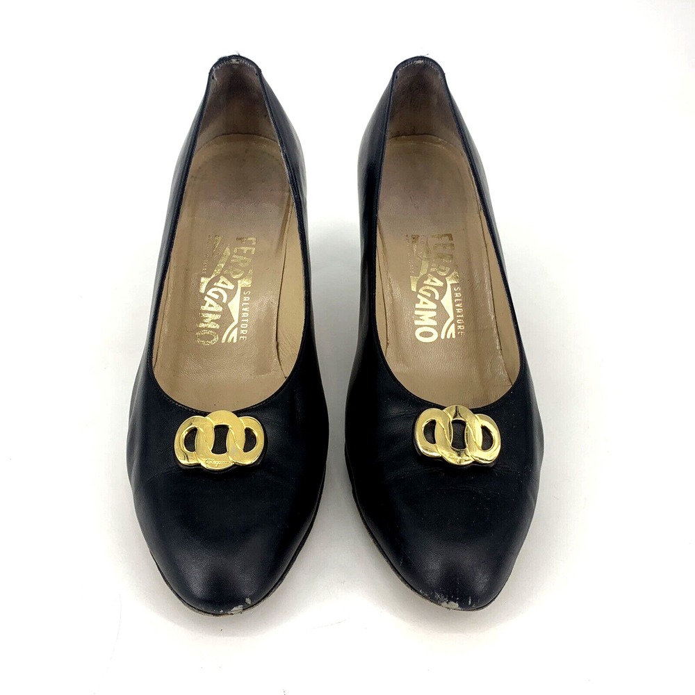 Salvatore Ferragamo Women Matita Black Leather Heel Gold Metal Logo Ring 10 B - Picture 4 of 16